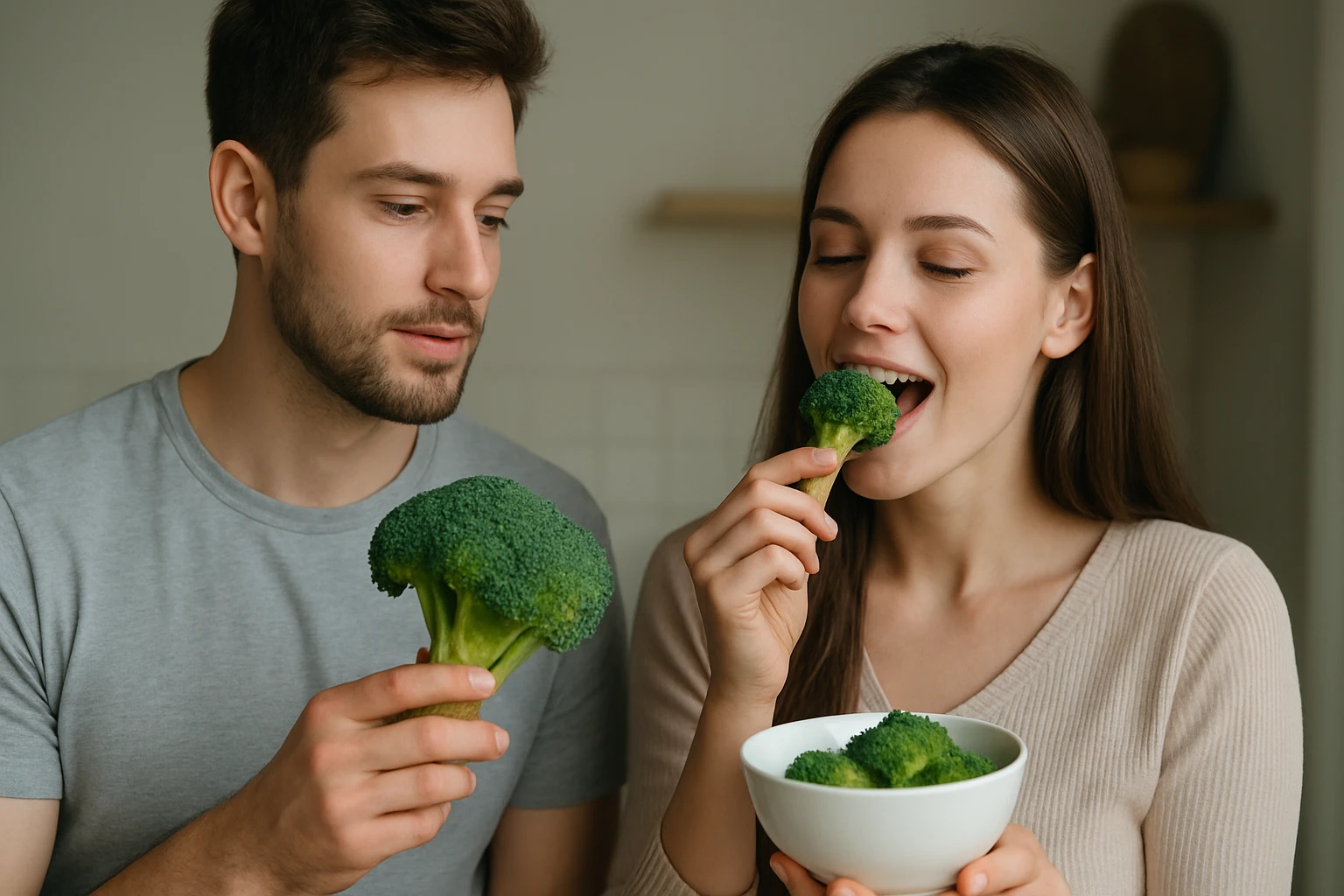 Egy fiatal pár brokkolit tart a kezében, a nő éppen falatozik belőle.