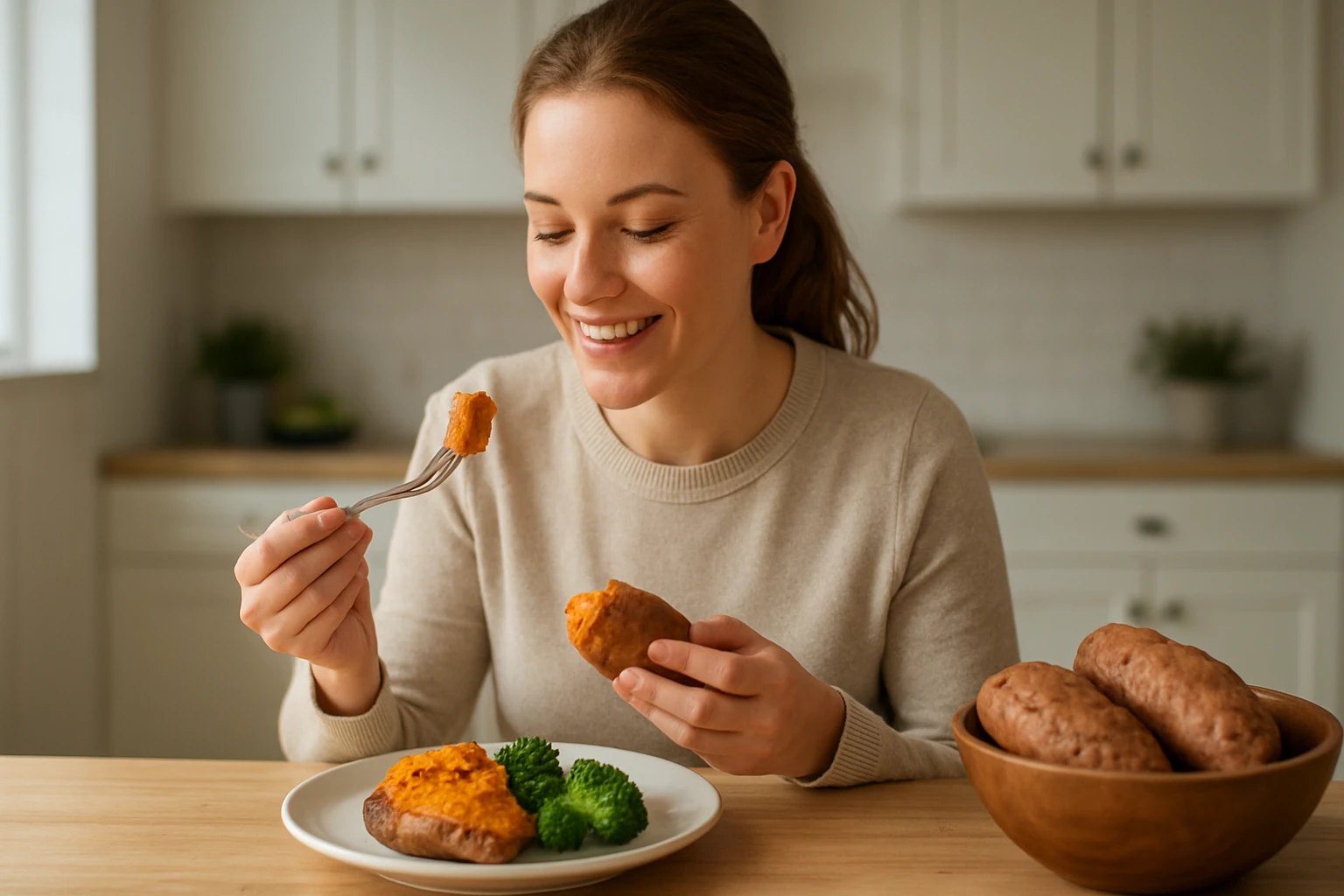 Egy fiatal nő boldogan eszik édesburgonyát és brokkolit egy tálból.