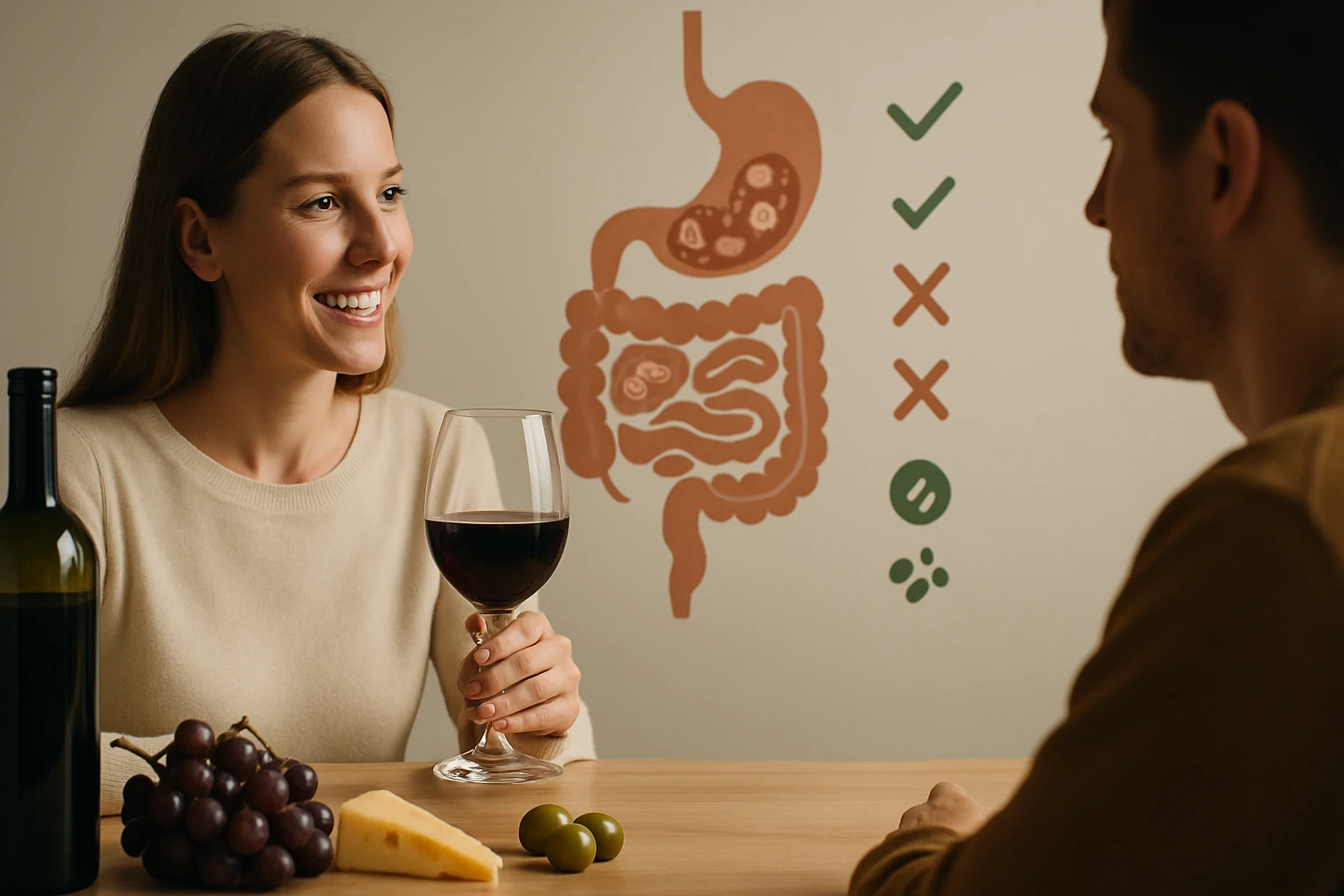 Egy nő vörösbort iszik, miközben egy asztalon szőlő és sajt található, háttérben emésztőrendszeri illusztrációval.