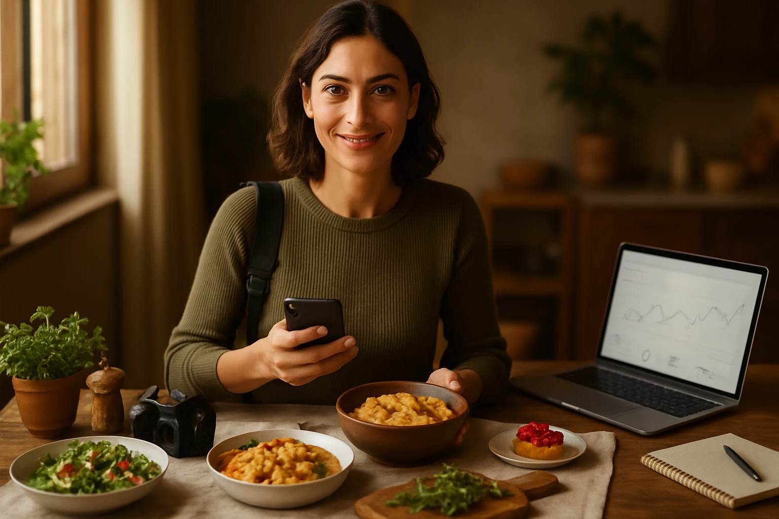 Egy nő ül az asztalnál, telefonját nézi, miközben ízletes ételek veszik körül.
