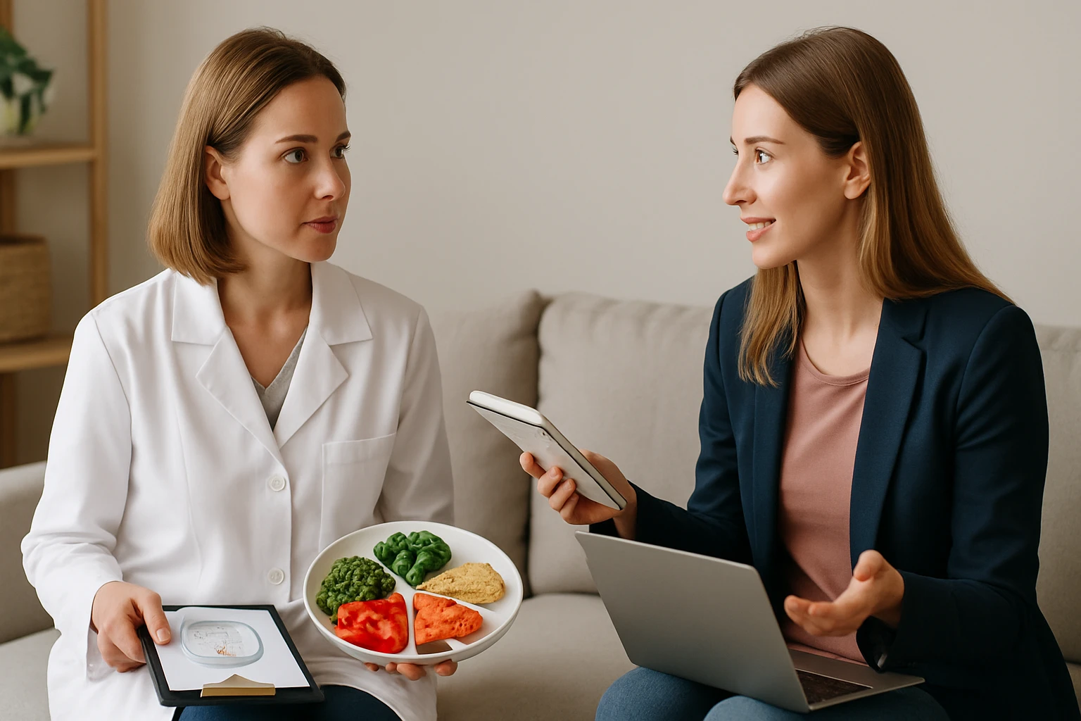 Két nő beszélget egy egészséges étkezésről, az egyik dietetikus, a másik ügyfél.