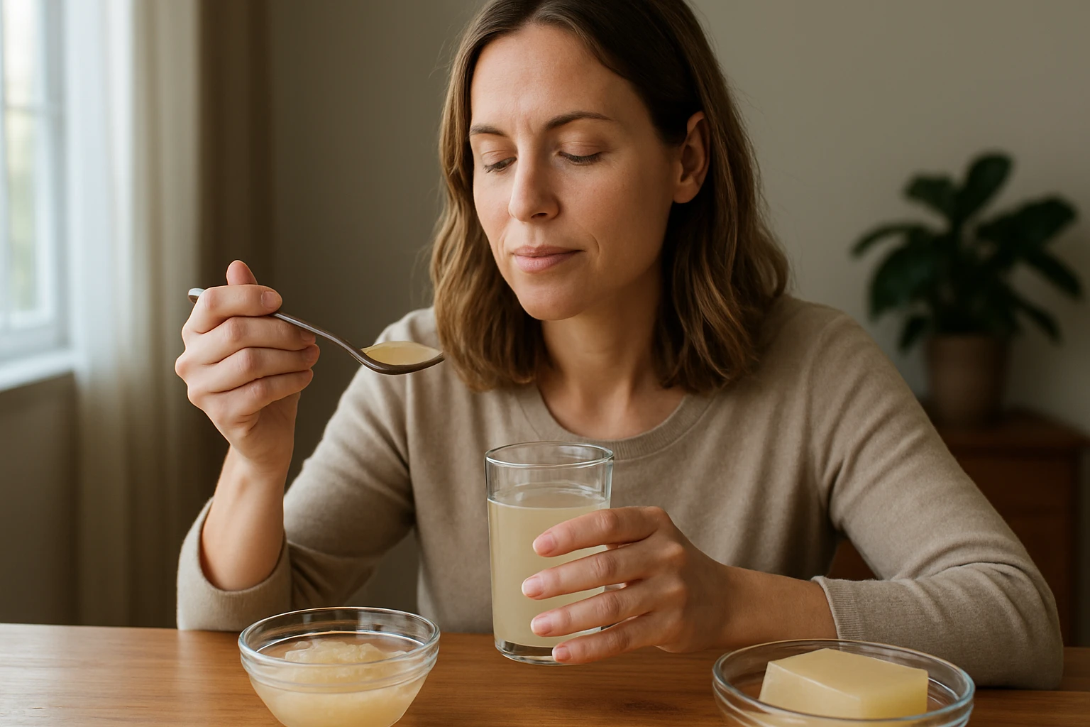 Egy nő egy kanállal ízlelget egy italt, miközben egy pohárban és tálkákban különböző ételek vannak.