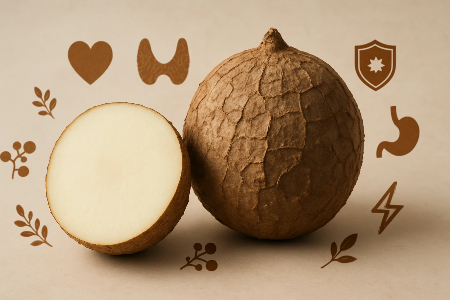 Két darab gyümölcs, az egyik félbevágva, háttérben egészségi szimbólumokkal.