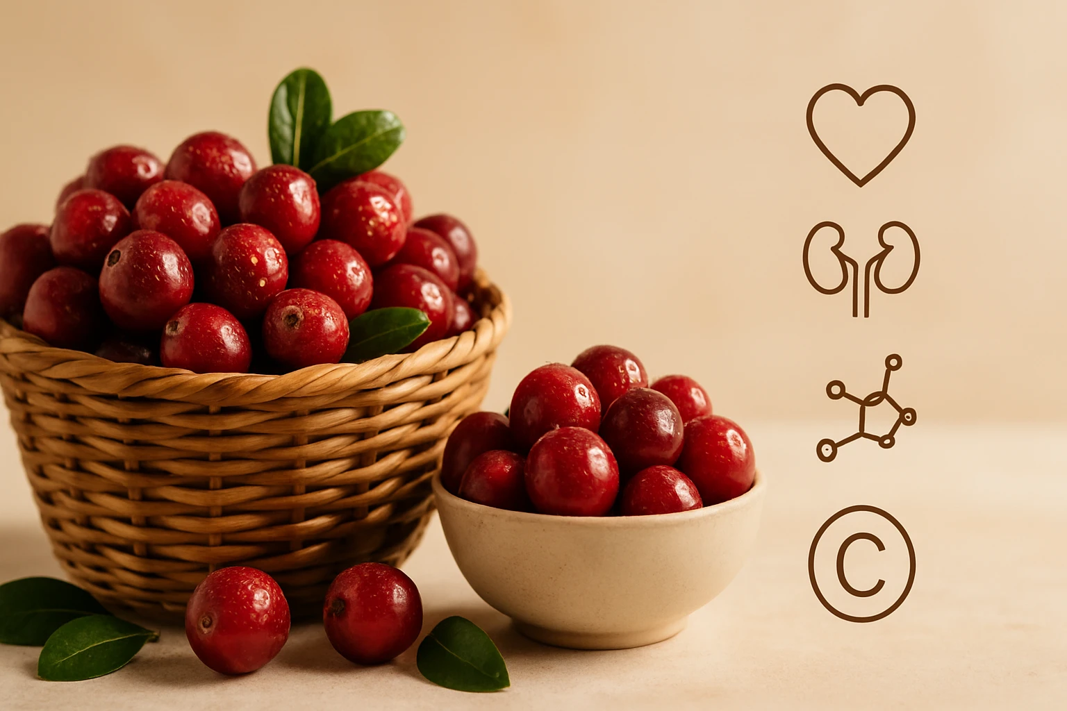 Friss, piros gyümölcsök kosárban és tálban, zöld levelekkel díszítve.