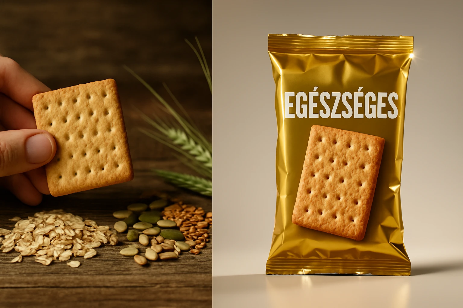 Egy kézben tartott keksz, mellette különböző magvak és gabonafélék láthatók.