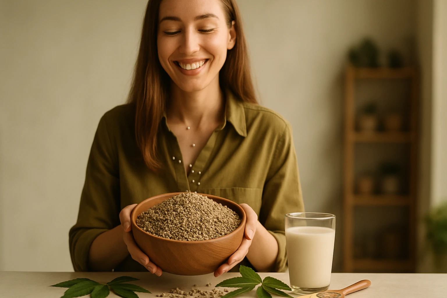 Egy nő mosolyogva tart egy tálban magokat, mellette pohár tej és zöld levelek.