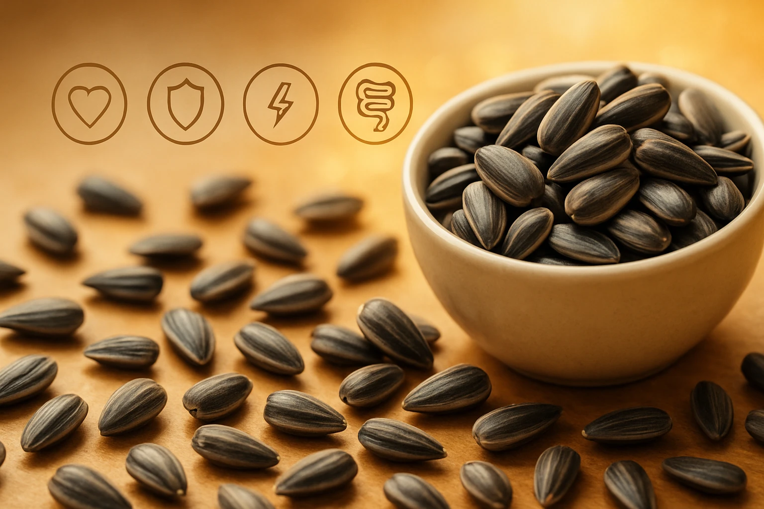 Egy tál napraforgómag, körülötte szétszórva több mag, aranyszínű háttérrel.