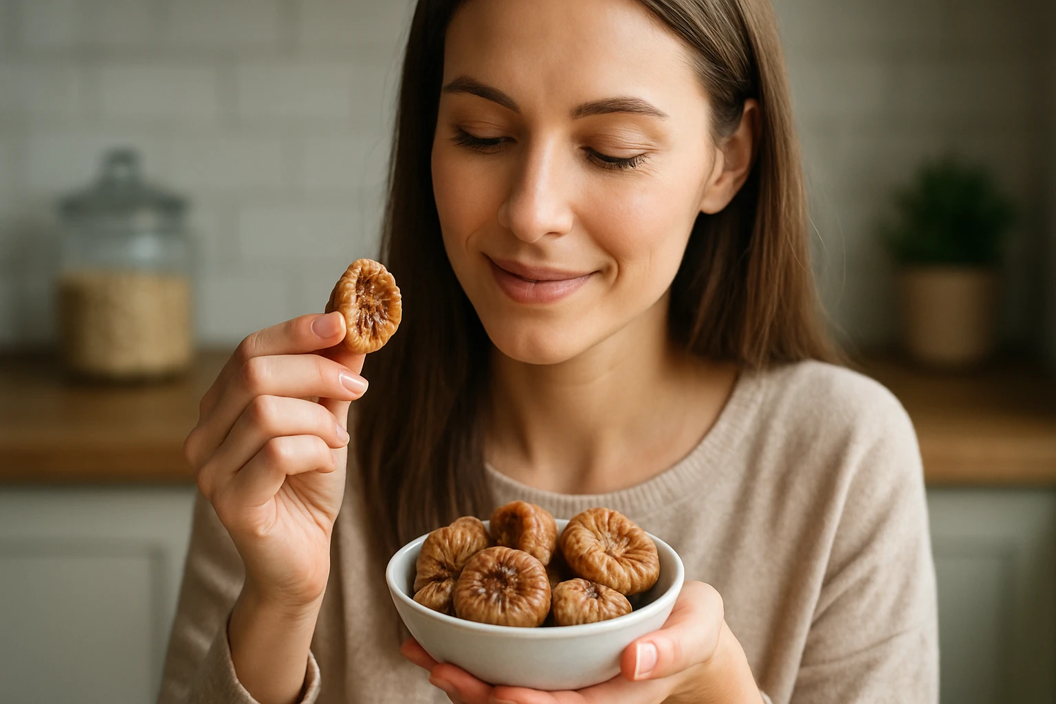 Egy fiatal nő mosolyogva tart a kezében egy szárított fügét, miközben egy tálban több fügét néz.