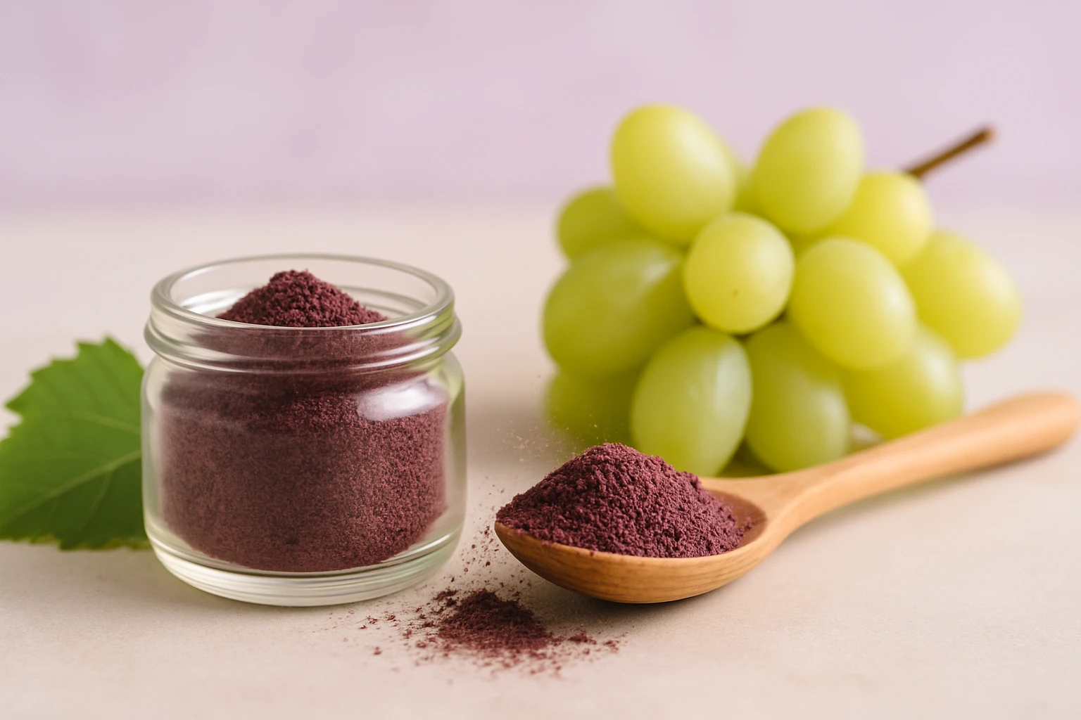 Egy üvegben lila por, mellette zöld szőlőfürt és egy fakanál.