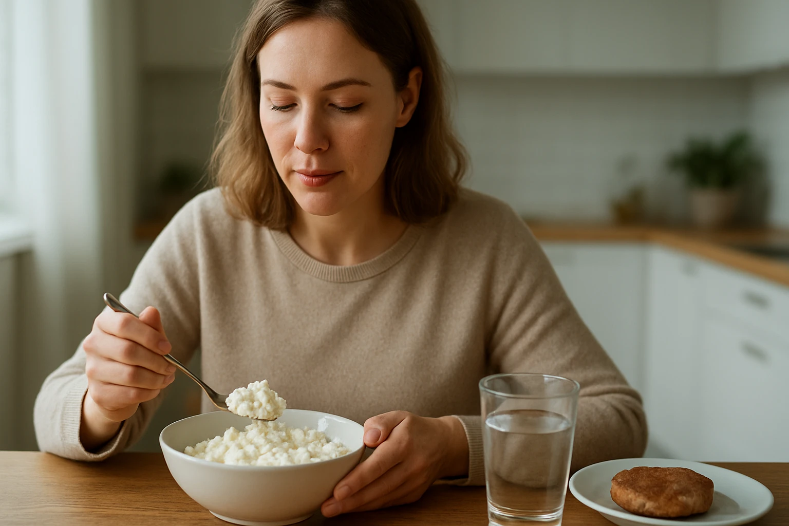 Egy nő egy tál túrót eszik, mellette víz és egy sütemény található az asztalon.