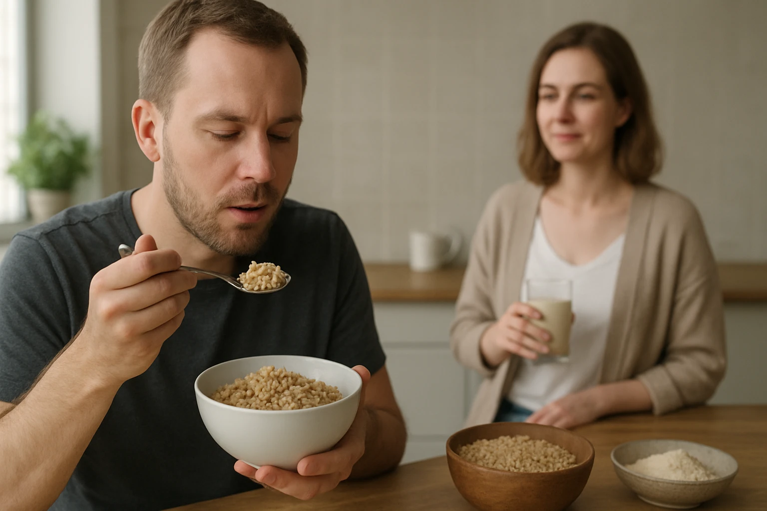 Egy férfi éppen zabkását eszik, míg egy nő a háttérben tejet tart a kezében.