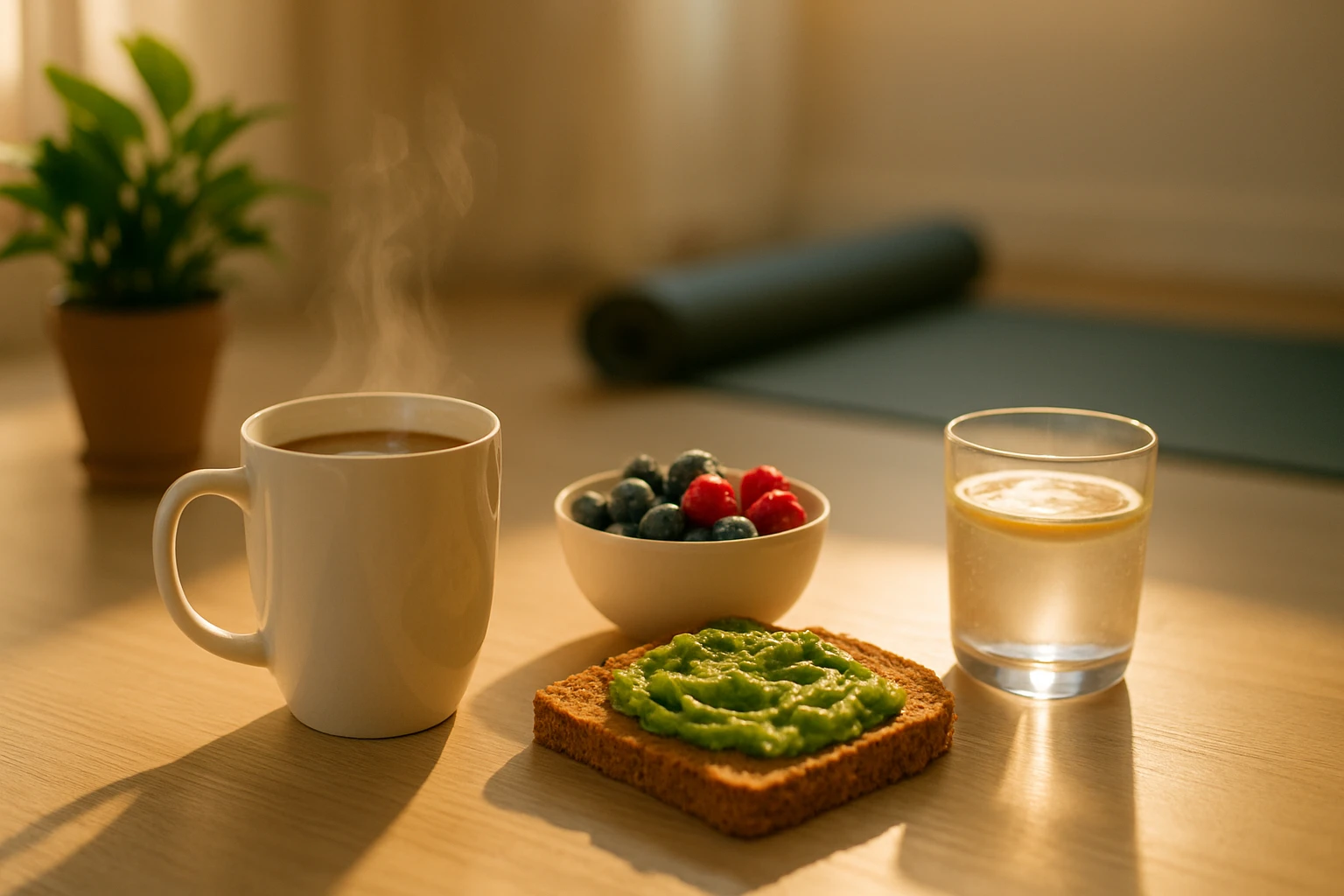 Egy reggeli asztal, gőzölgő kávé, avokádós kenyér, gyümölcsök és víz látható.