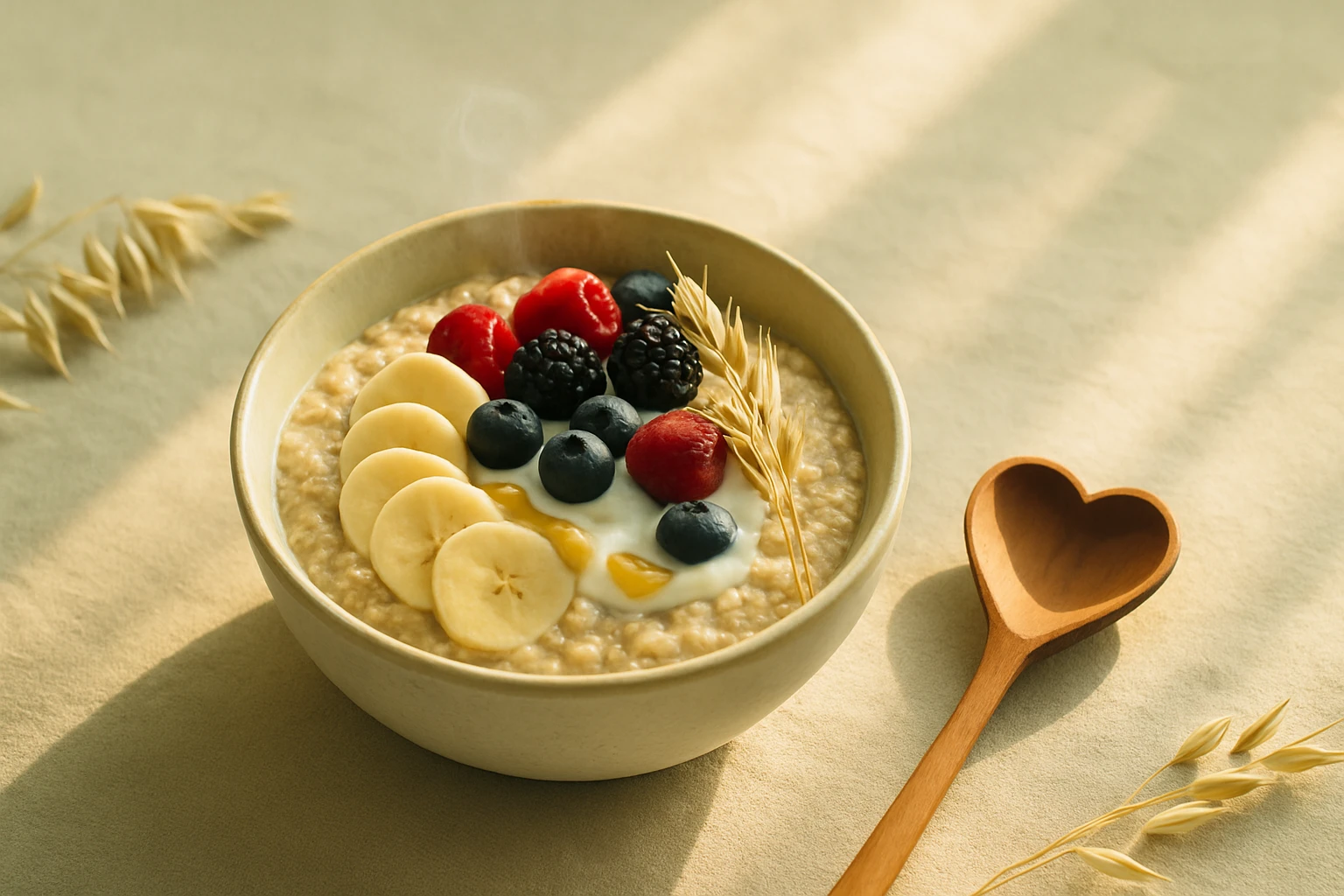 Egy tál meleg zabkása, friss gyümölcsökkel, mint banán, málna és áfonya díszítve.