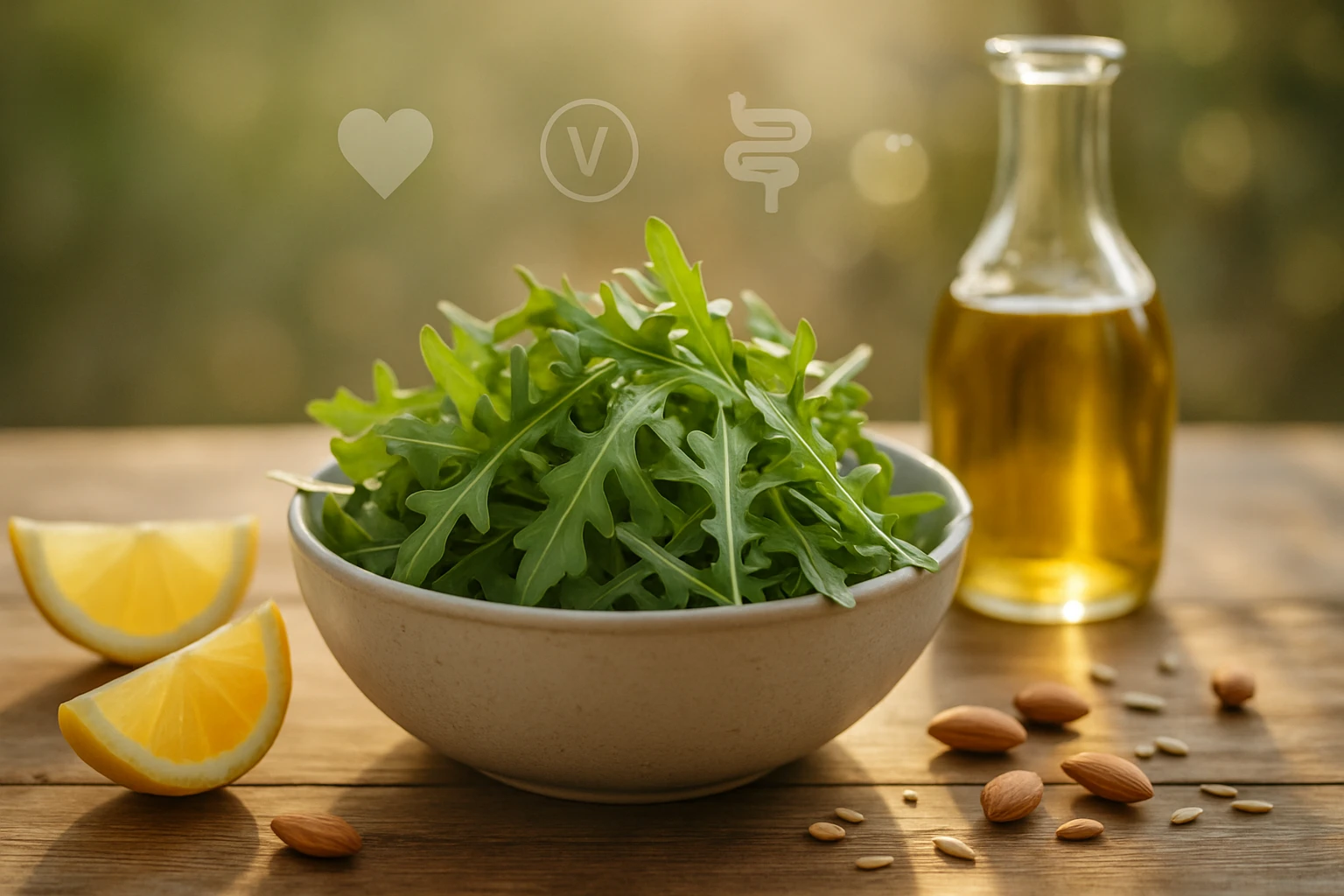 Friss rukola saláta egy tálban, citromszeletek és olívaolaj mellett.