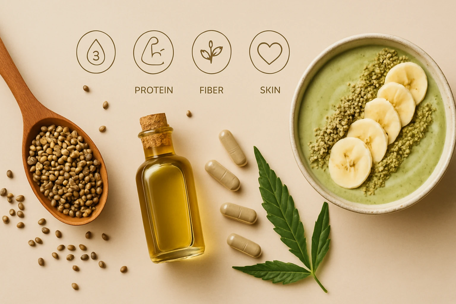 Egy tál zöld smoothie banánnal, hemp magokkal és olajjal, vitaminokkal körülvéve.