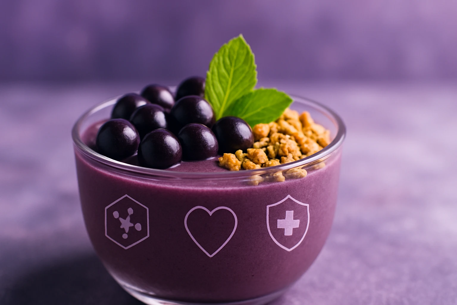 Egy tál lila színű smoothie, tetején áfonyával és granolával díszítve, friss mentalevéllel.