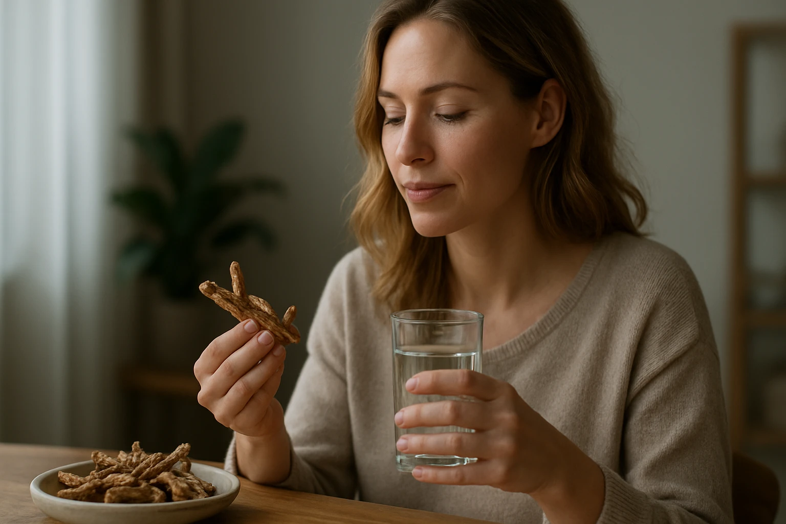 Egy nő ül egy asztalnál, kezében egy ropogós snack és egy pohár víz.