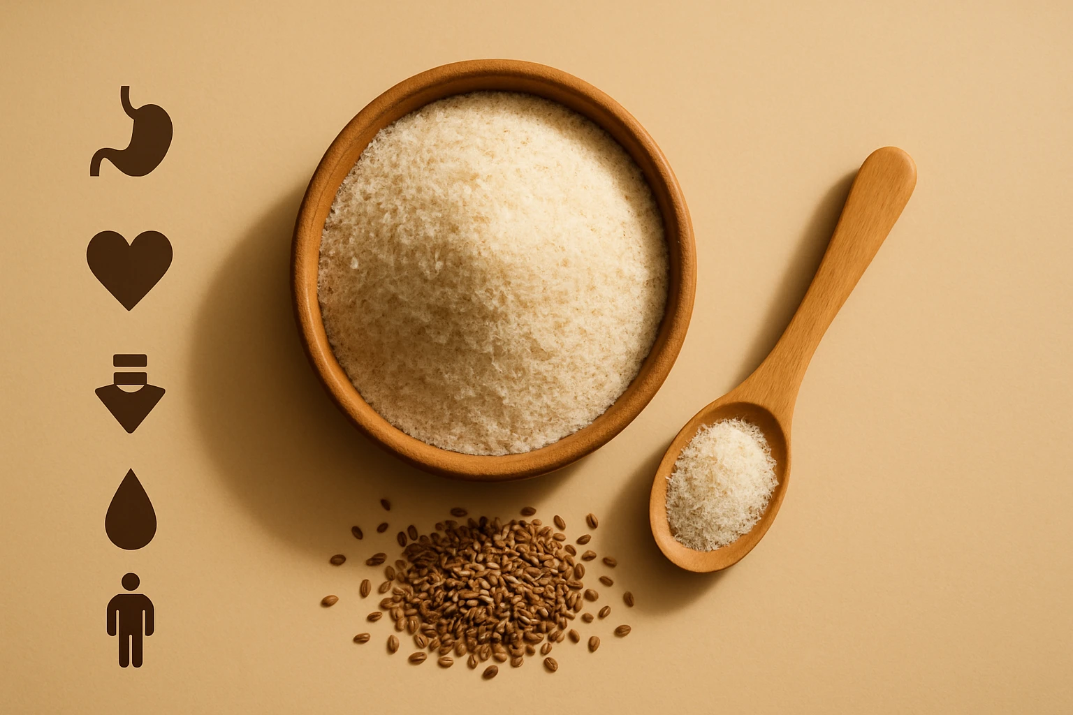 Egy fa tálban fehér liszt található, mellette lenmag és egy fa kanál.