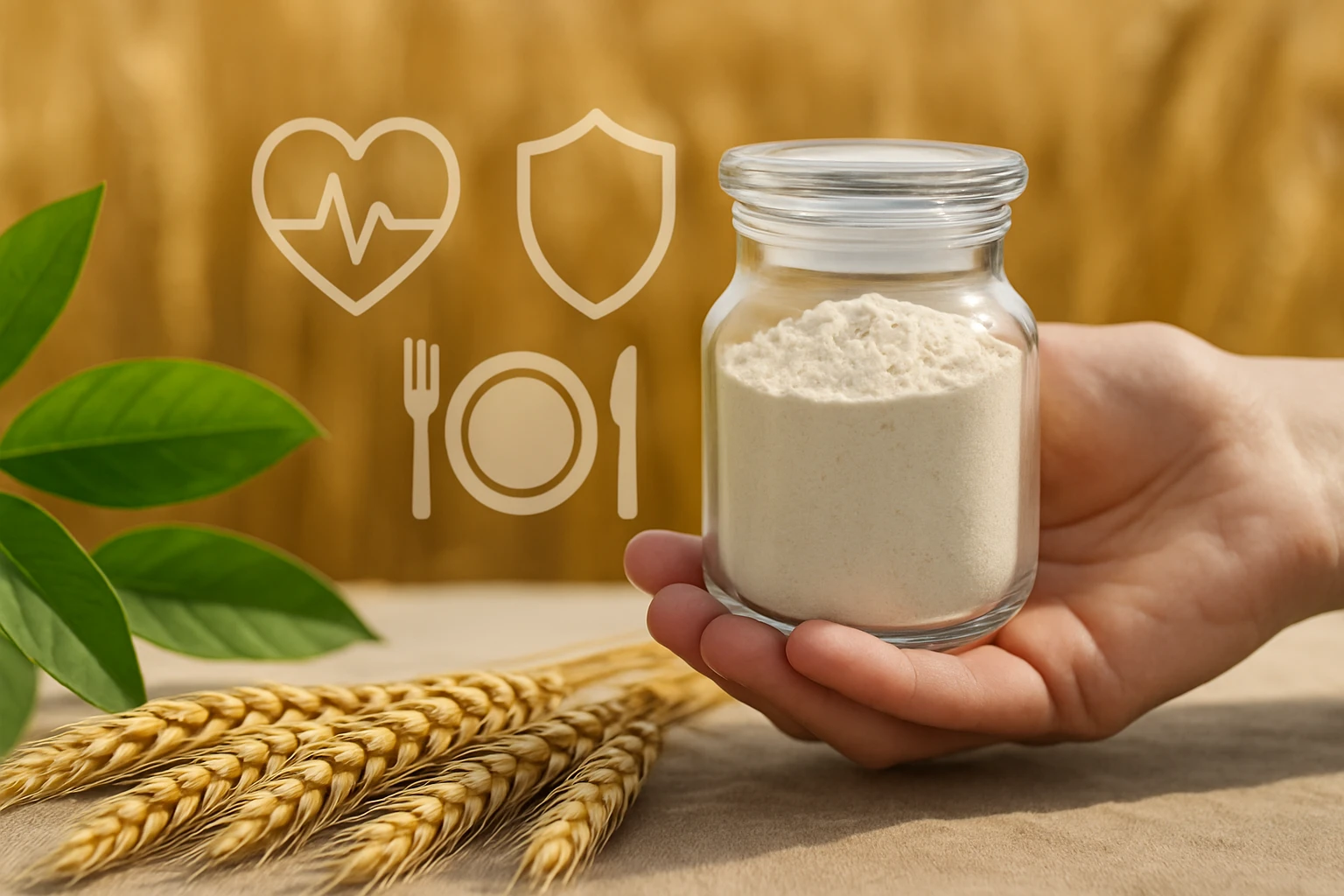 Egy kézben tartott üveg, benne liszt, háttérben búzaföld és zöld levél.