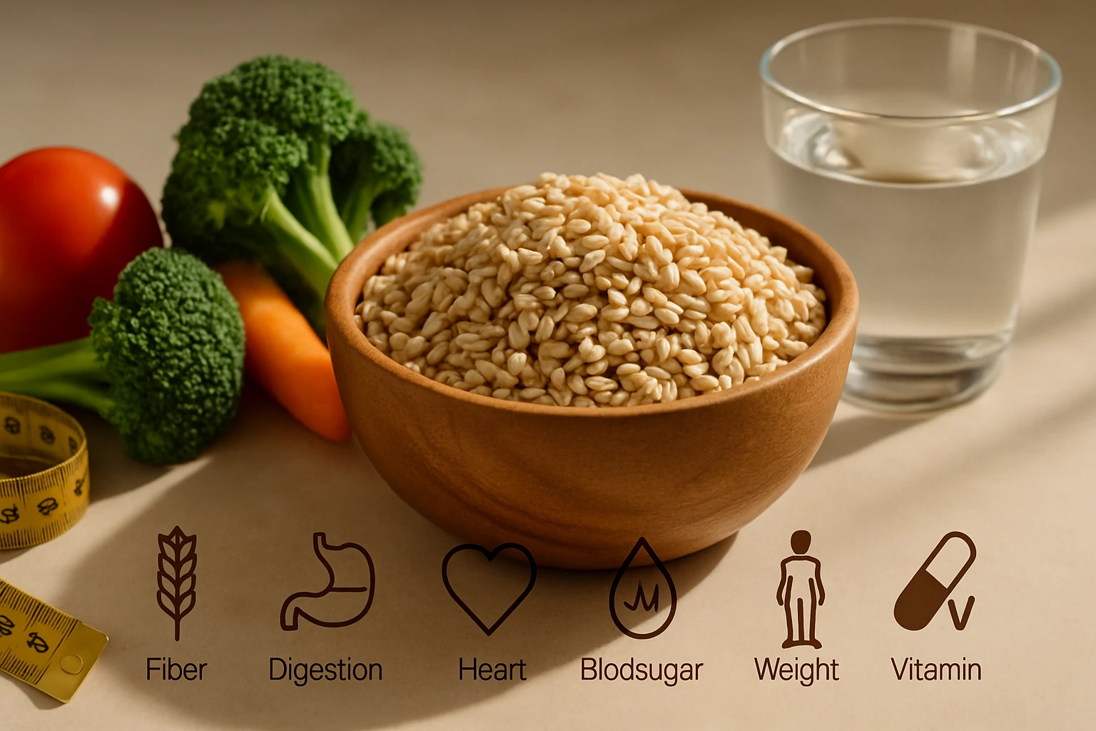 Egy fa tálban barna rizs található, körülötte zöldségek és víz.