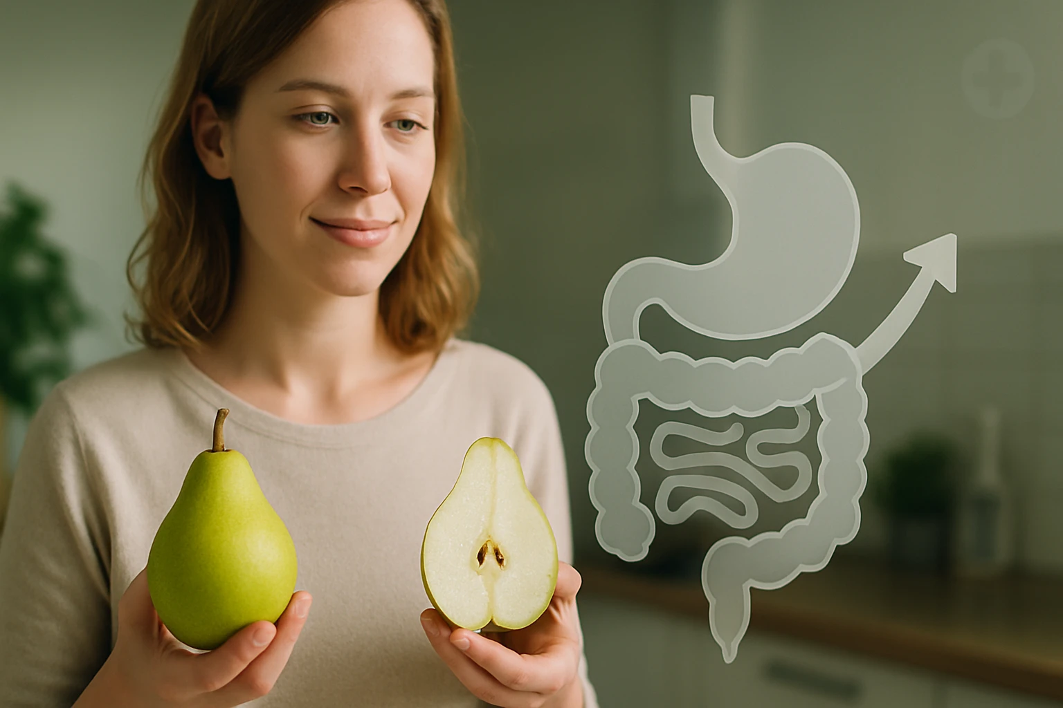 Egy nő zöld és sárga körtét tart a kezében, háttérben emésztőrendszer ábrázolásával.