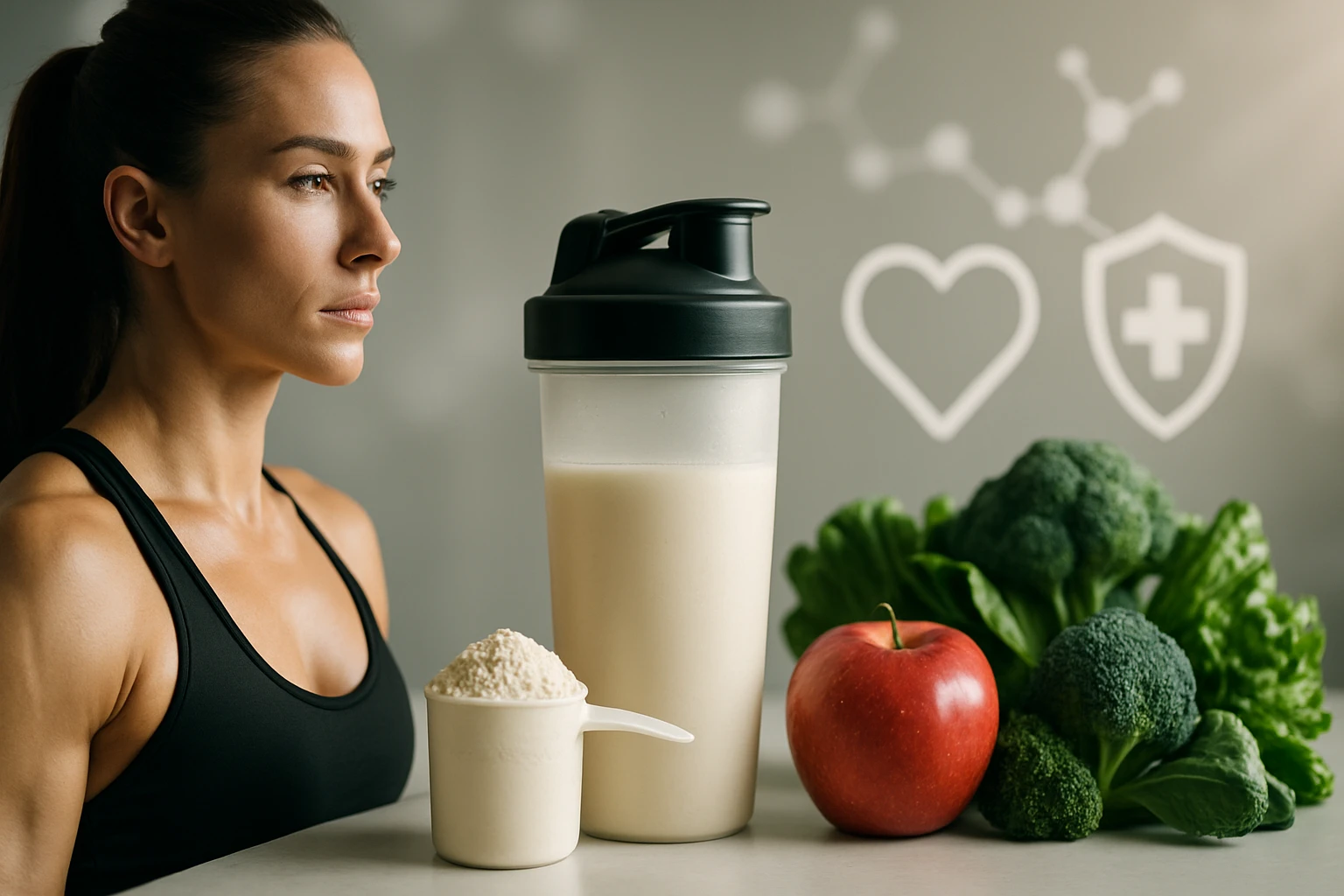 Egy nő figyelmesen néz, mellette fehérje shake, alma és brokkoli.