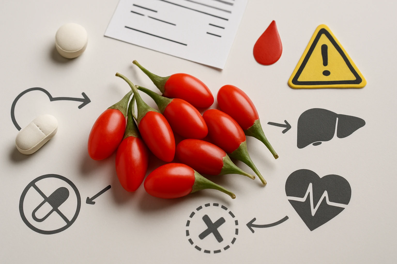 Piros chili paprikák, gyógyszerek és egészségügyi szimbólumok egy asztalon.