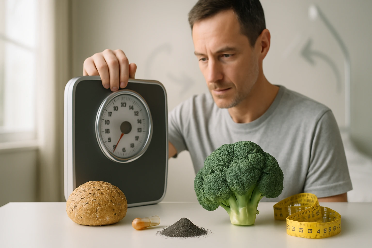 Egy férfi a mérlegen álló brokkolit és egy zsemlét néz, mellette táplálékkiegészítő és mérőszalag.