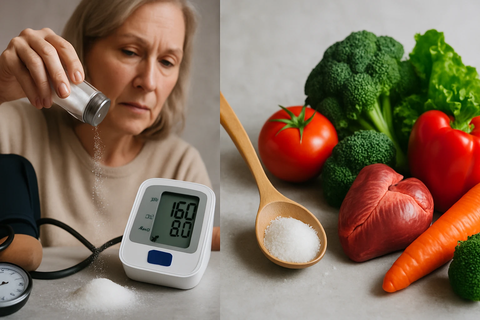 Egy nő sót szór a vérnyomásmérő mellett, miközben zöldségek és hús láthatóak.
