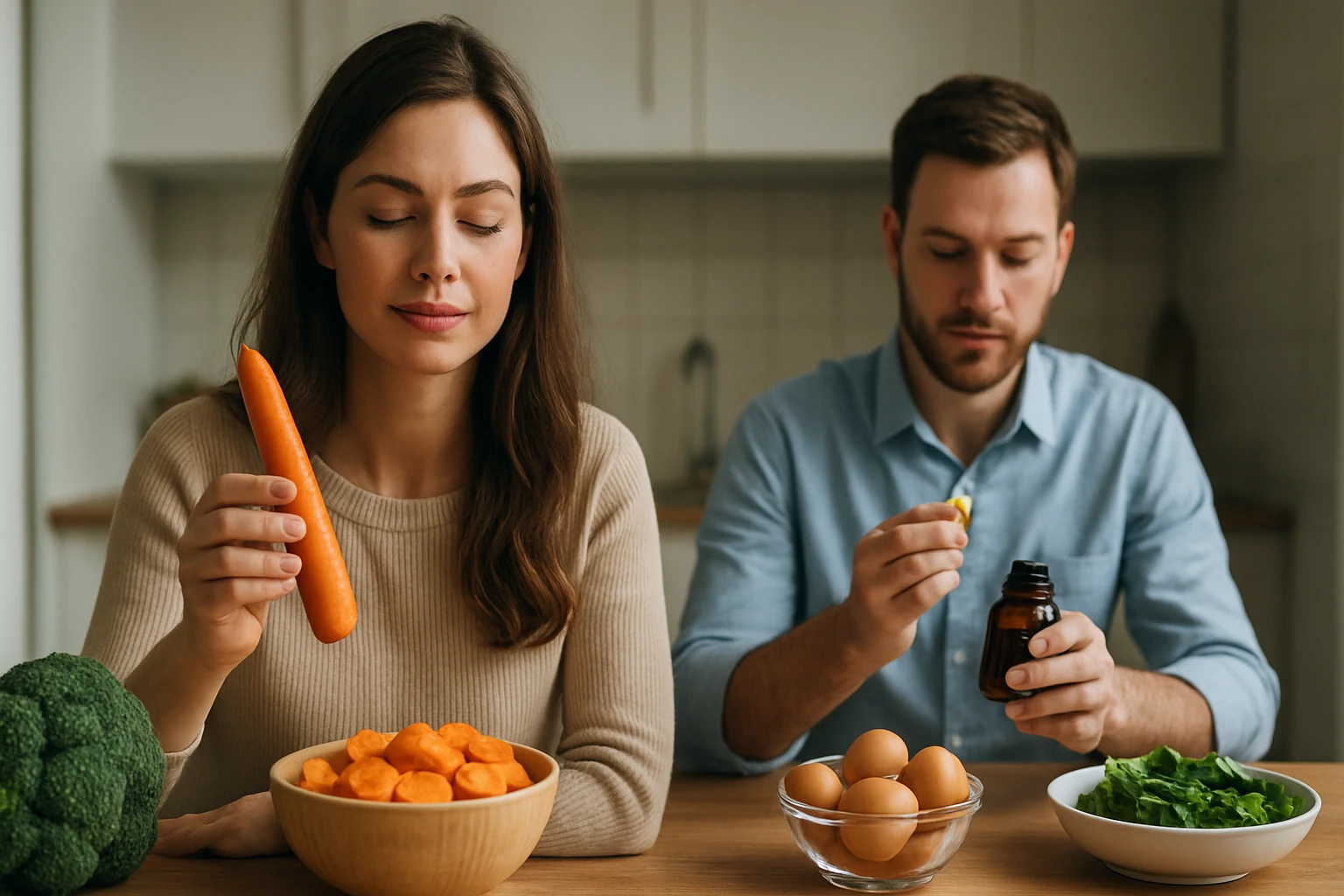 Egy nő egy répát tart a kezében, míg egy férfi vitaminokat fogyaszt az asztalnál.
