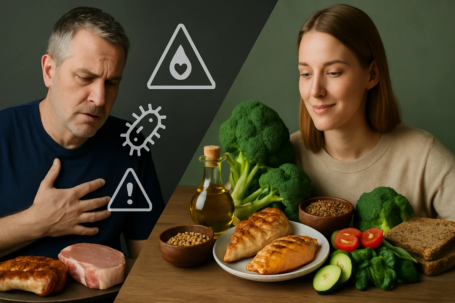 Egy férfi és egy nő különböző ételek mellett állnak, a férfi szorongva néz a húsra, míg a nő boldogan a zöldségekre.