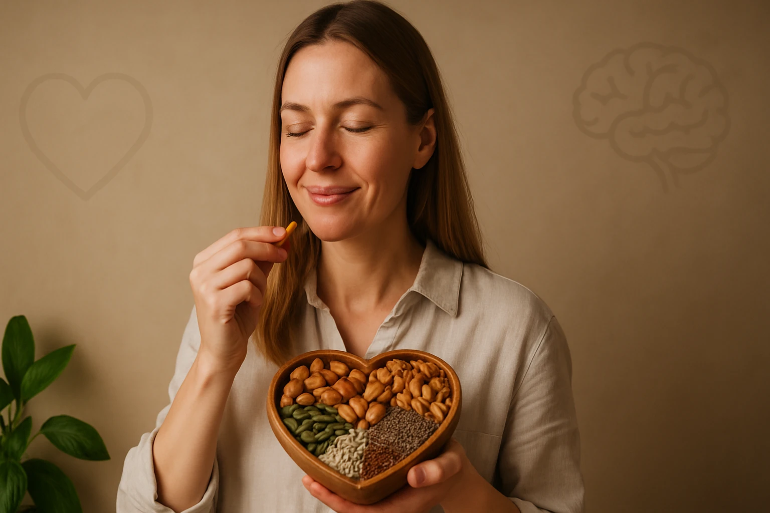 Egy nő boldogan tart egy szív alakú tálat, tele különböző magvakkal és diófélékkel, miközben egy vitamin kapszulát készül megenni.