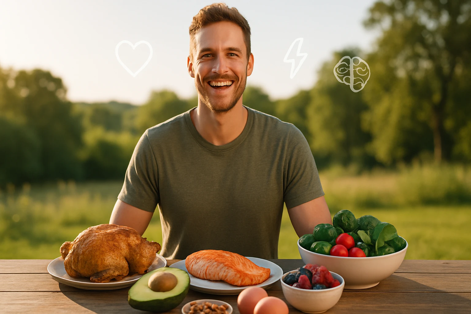 Egy mosolygó férfi ül egy asztalnál, különböző egészséges ételek között, mint csirke, lazac, avokádó és zöldségek.