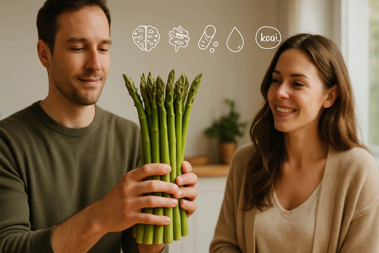 Egy férfi zöld spárgát tart a kezében, míg egy nő mosolyogva nézi őt.