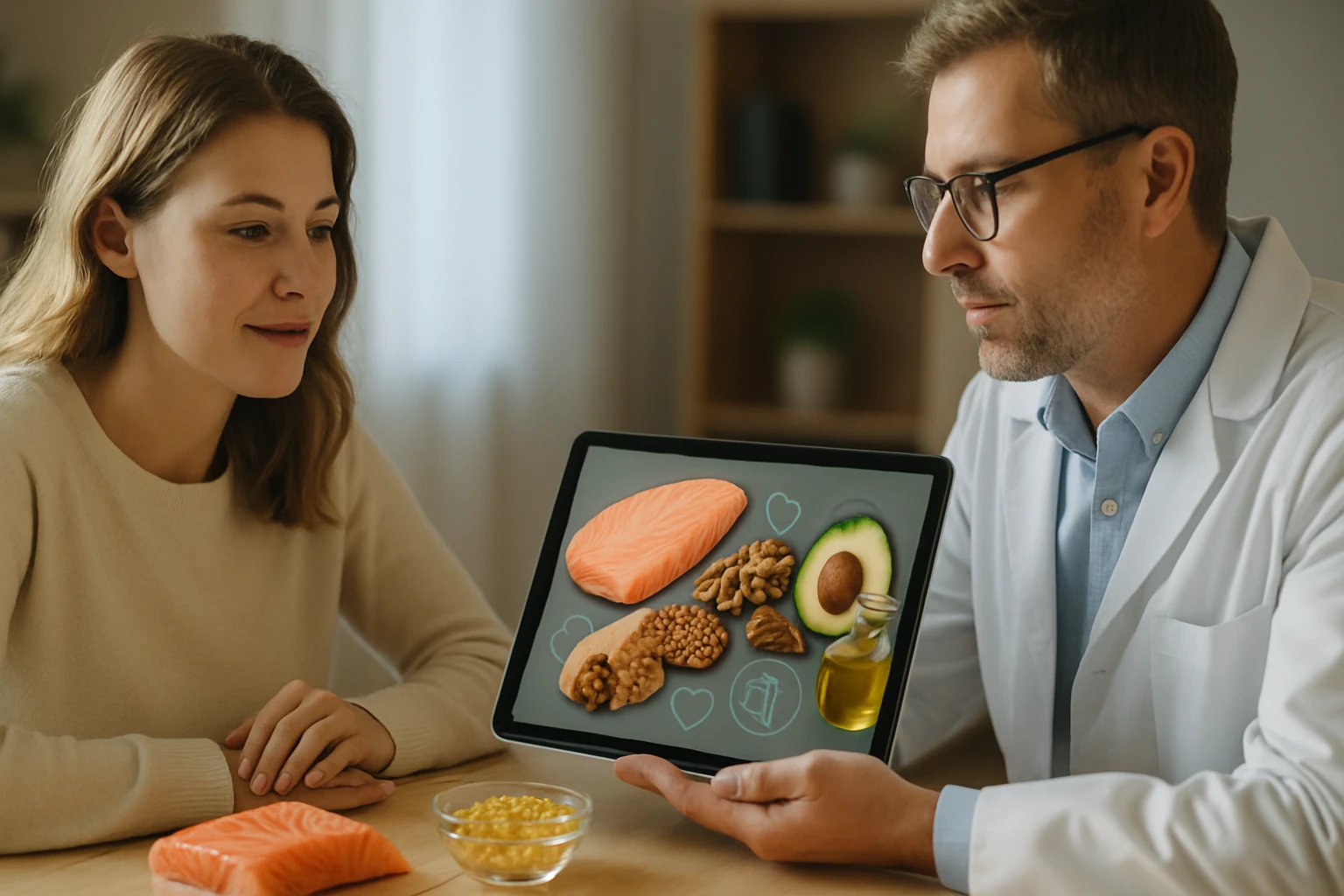 Egy orvos és egy nő beszélgetnek az egészséges táplálkozásról, táblagépen ételek láthatók.