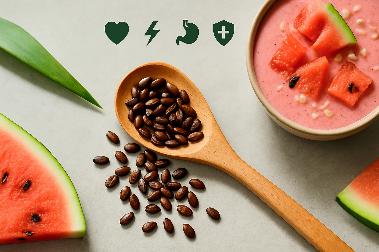 Friss görögdinnye szeletek és kávészemek egy fából készült kanálon, mellette egy tál görögdinnye turmix.