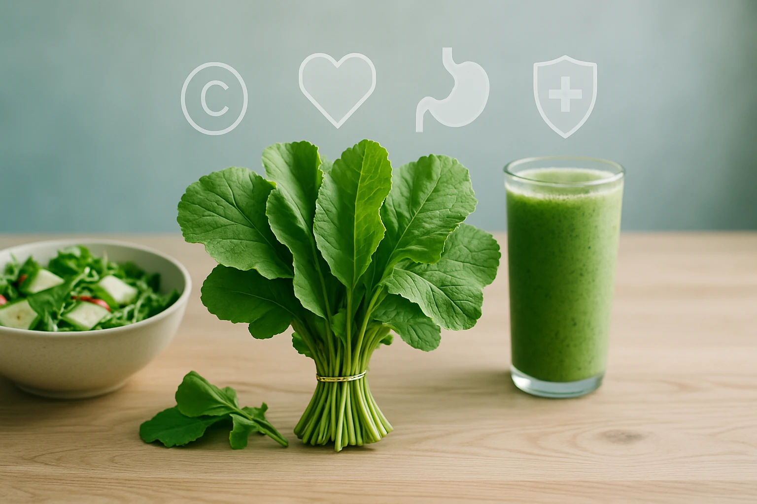 Friss zöld levelek egy csokorban, mellette egy zöld smoothie és egy salátás tál.