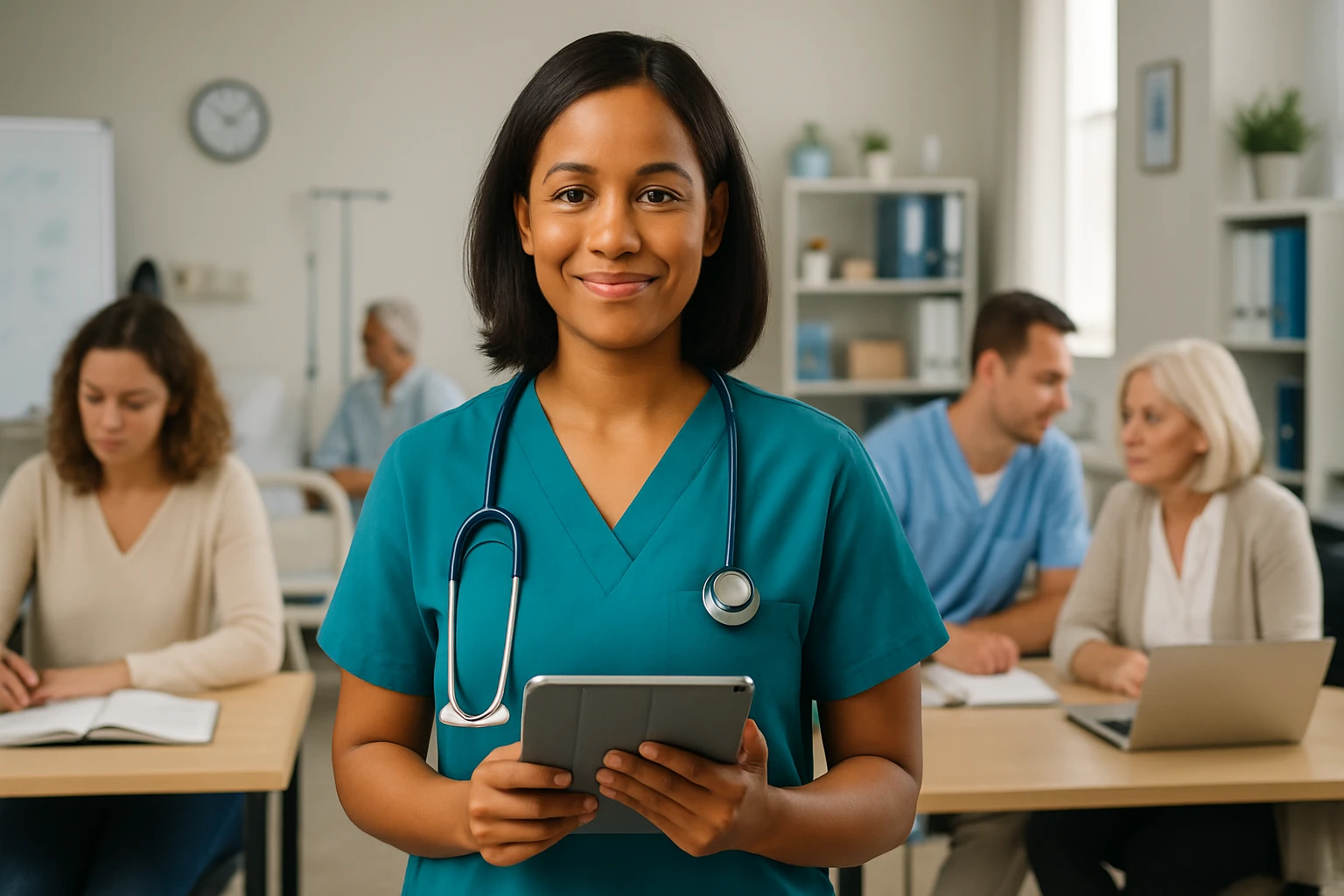 Egy fiatal női egészségügyi dolgozó tabletet tart a kezében, mosolyogva néz a kamerába.