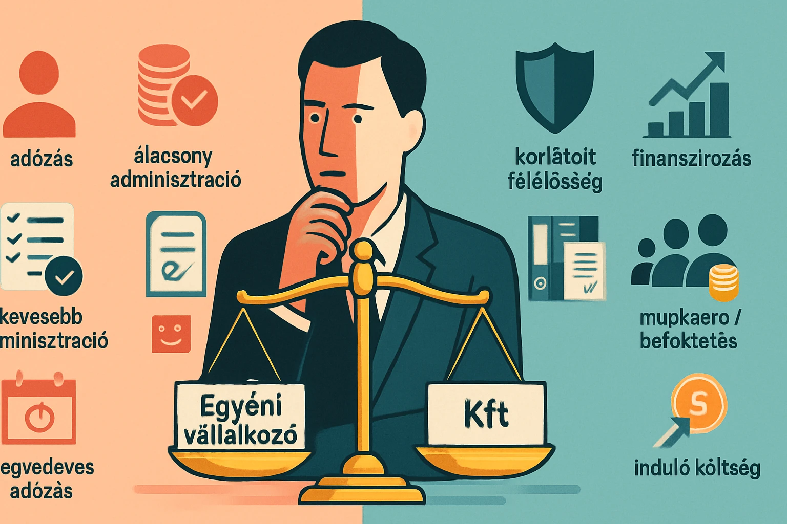 Egy férfi mérleggel a kezében, az egyéni vállalkozás és Kft. közötti választás dilemmájával.