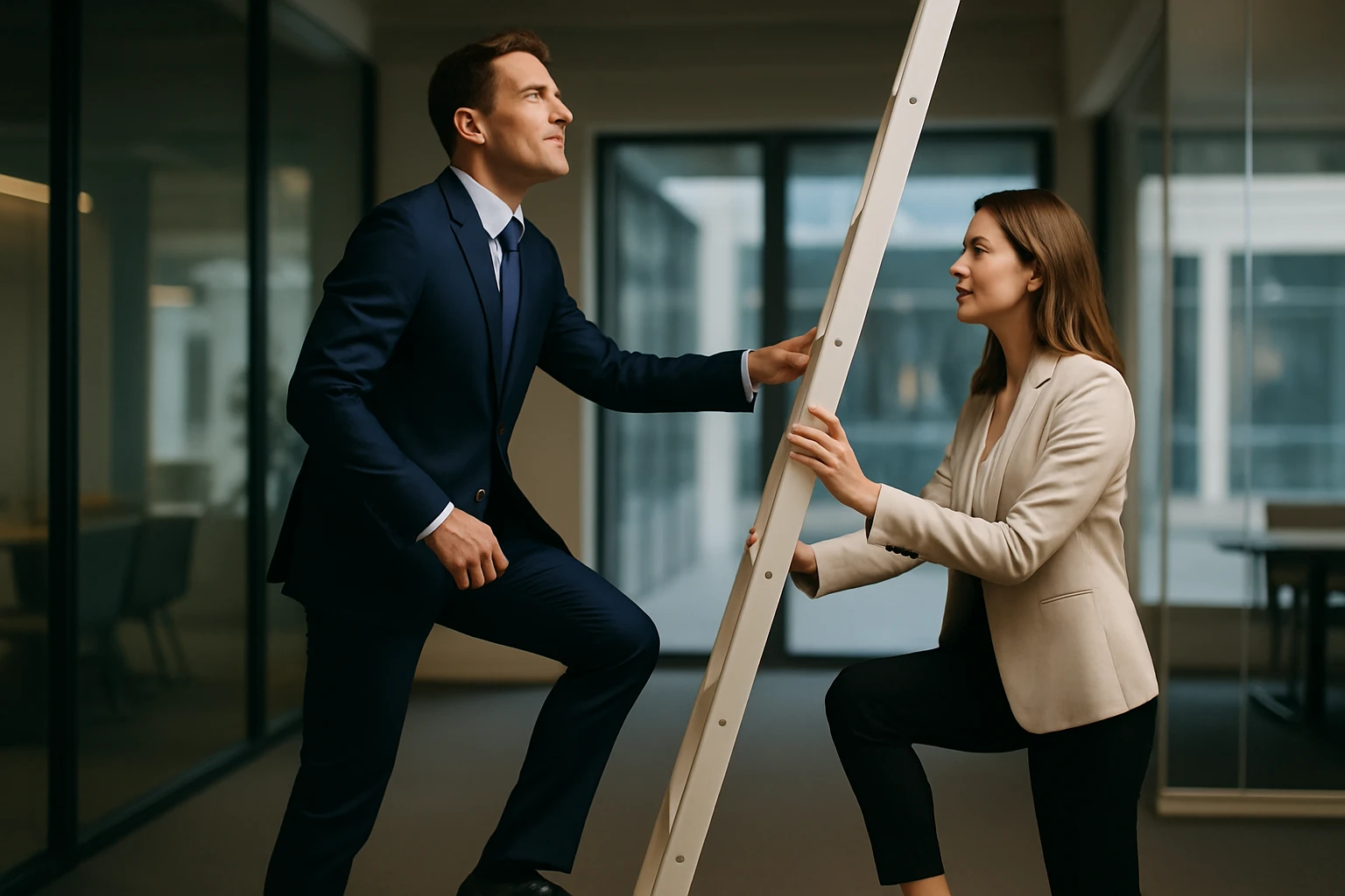 Egy férfi és egy nő egy létrán dolgozik egy modern irodában, a férfi felfelé néz.