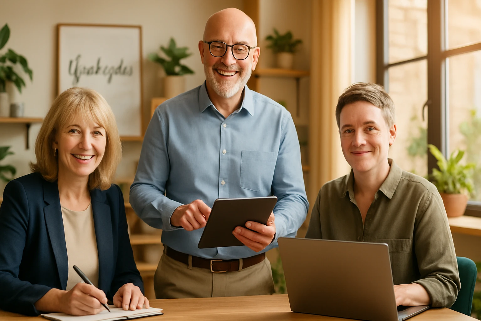 Három ember ül egy asztalnál, mosolyogva dolgoznak, laptop és tablet előtt.