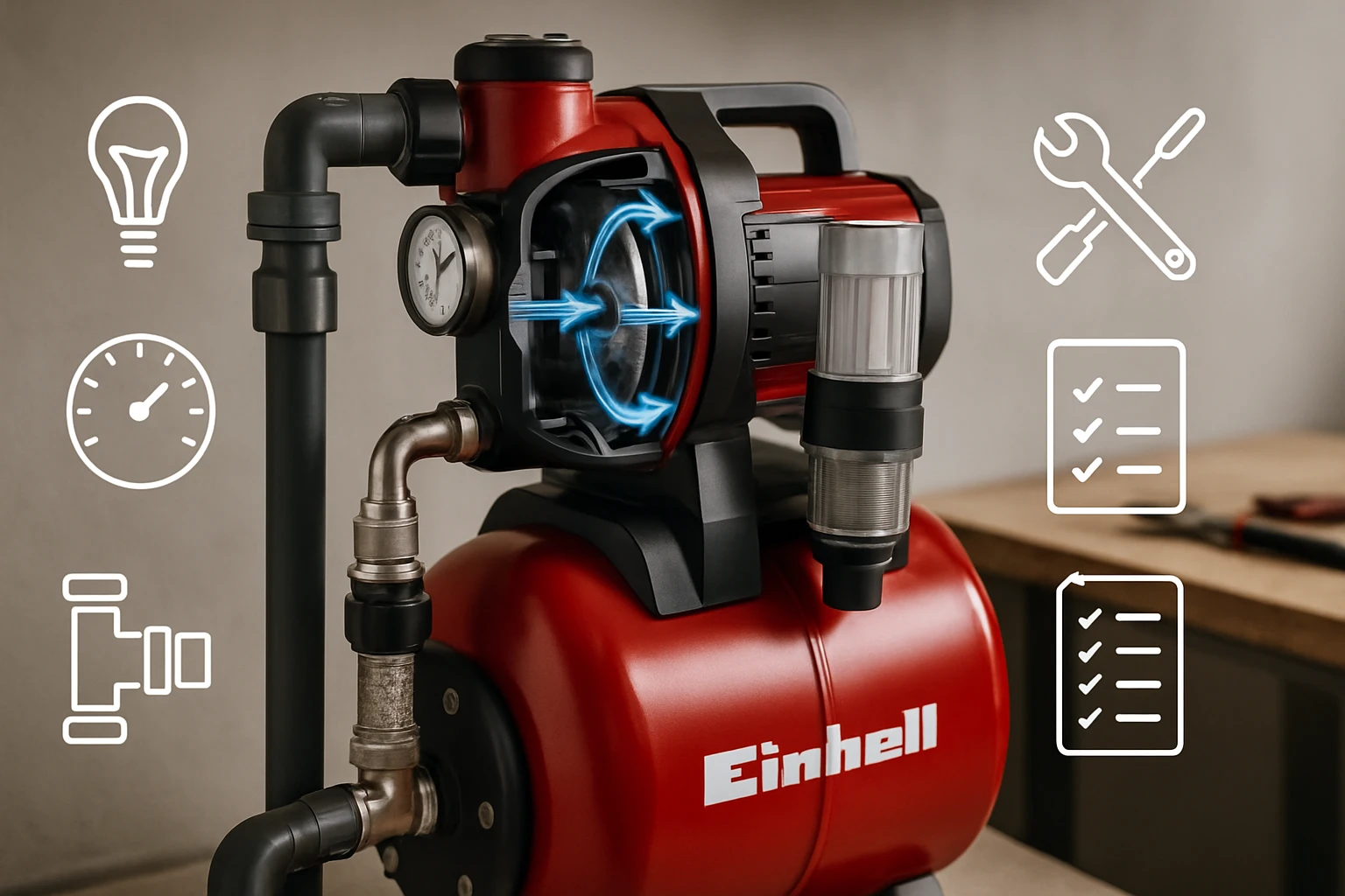 Egy Einhell márkájú vízpumpa részletes képe, látható a működési mechanizmus.