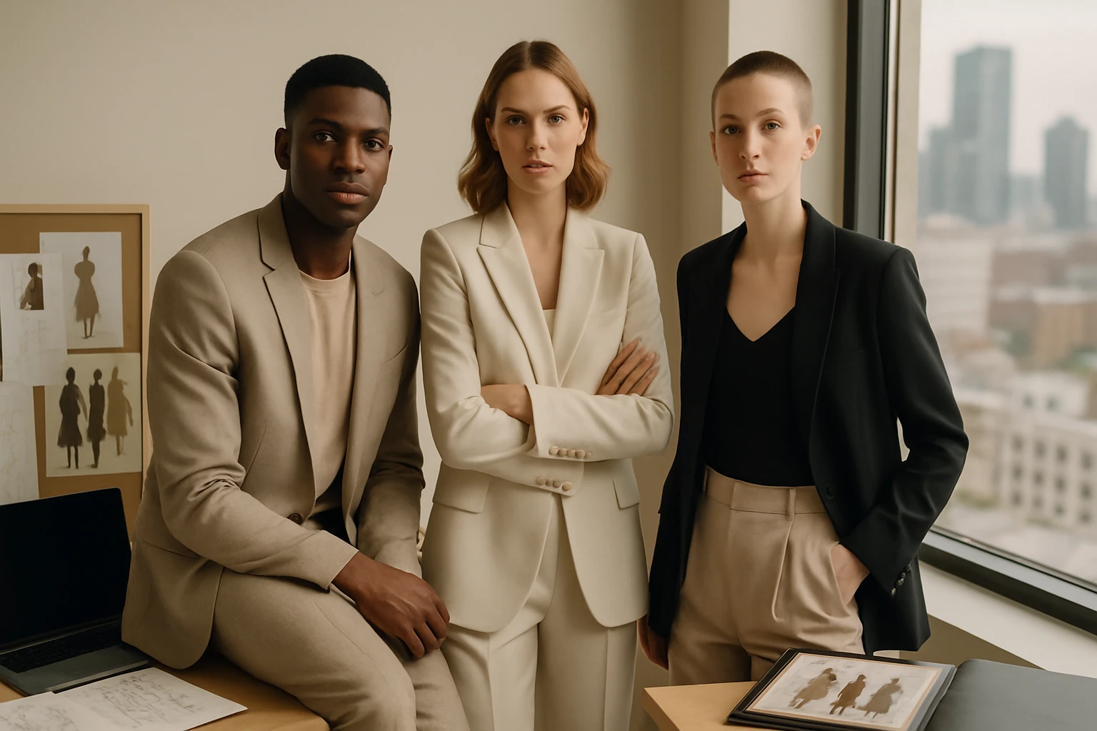 Három fiatal felnőtt elegáns öltönyben áll egy irodában, háttérben városi tájjal.