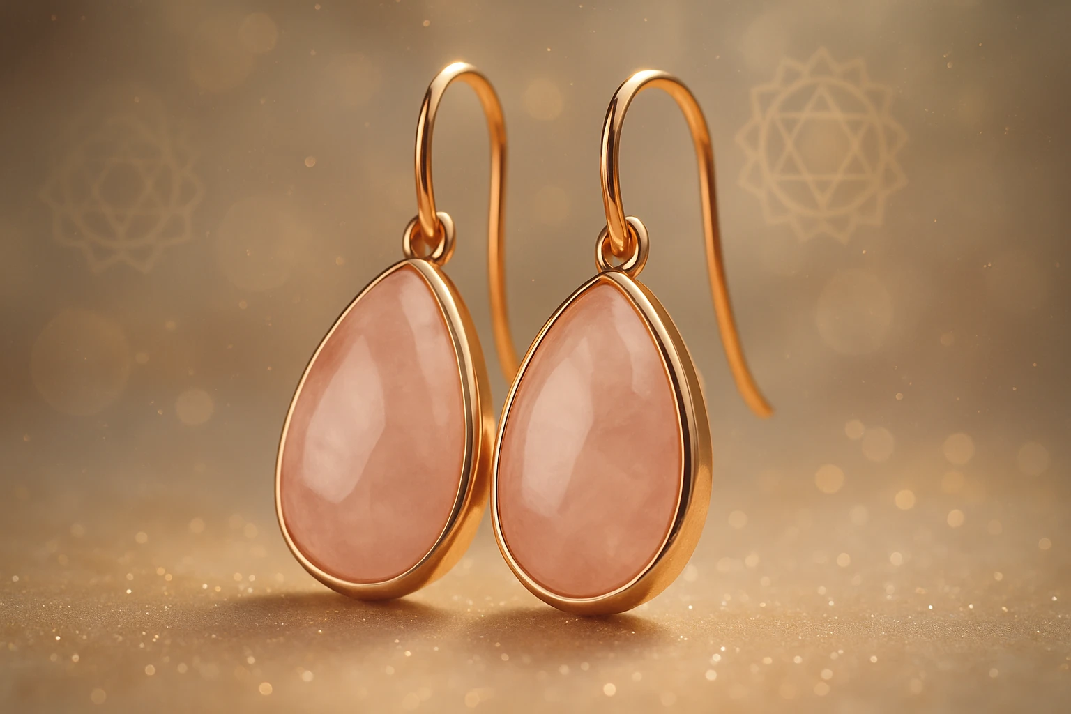 Két arany fülbevaló, rózsakvarc kővel, elegáns háttér előtt.