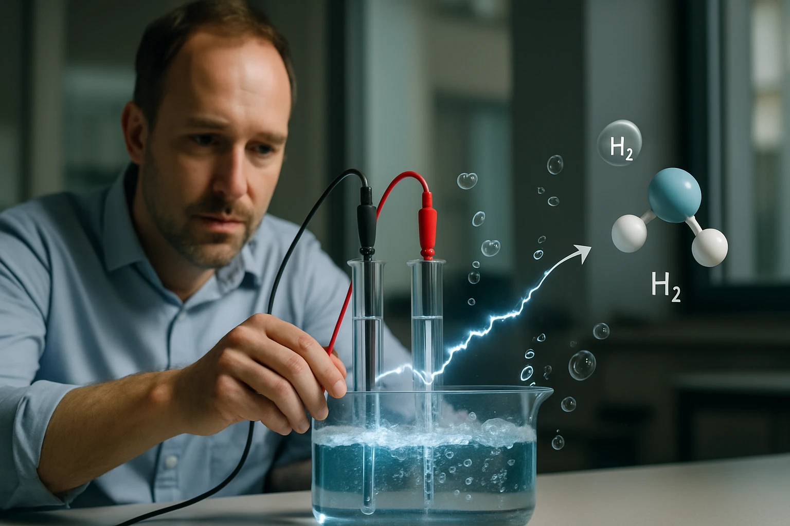 Egy férfi kísérletet végez, miközben víz elektrolízisét figyeli, buborékok keletkeznek.