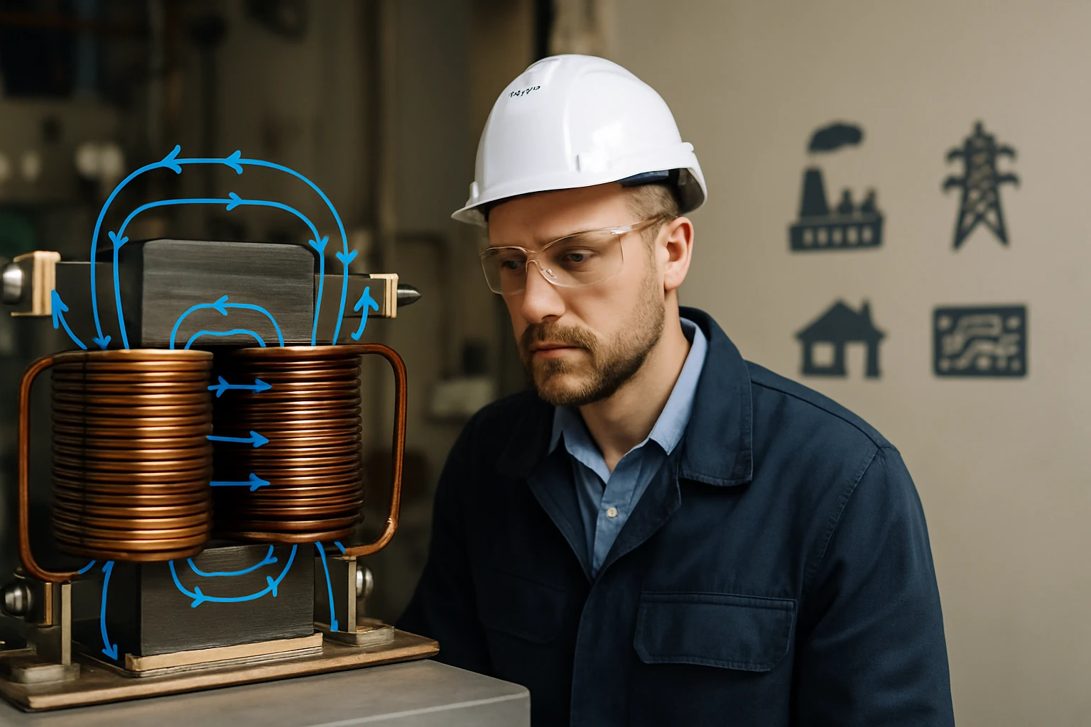 Egy mérnök figyel egy elektromágneses tekercset, amely körüli áramlási irányokkal van ábrázolva.