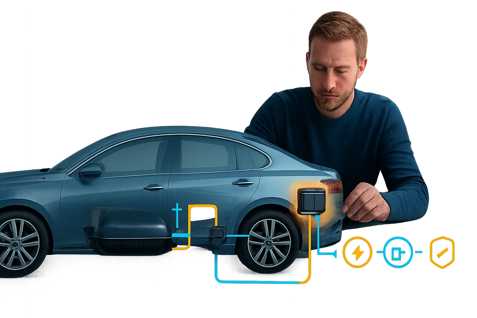 Egy férfi a kocsijának hátsó részénél ül, miközben elektromos rendszereket ellenőriz.