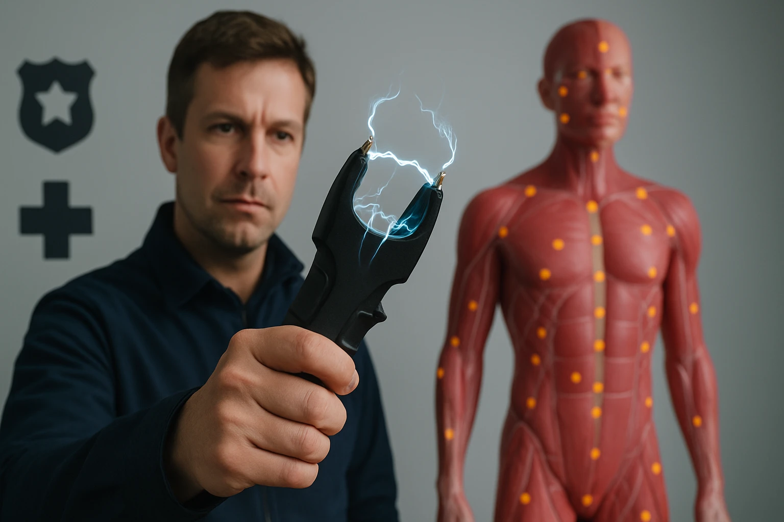 Egy férfi kezében egy elektromos eszköz, mögötte egy emberi anatómiát bemutató modell látható.