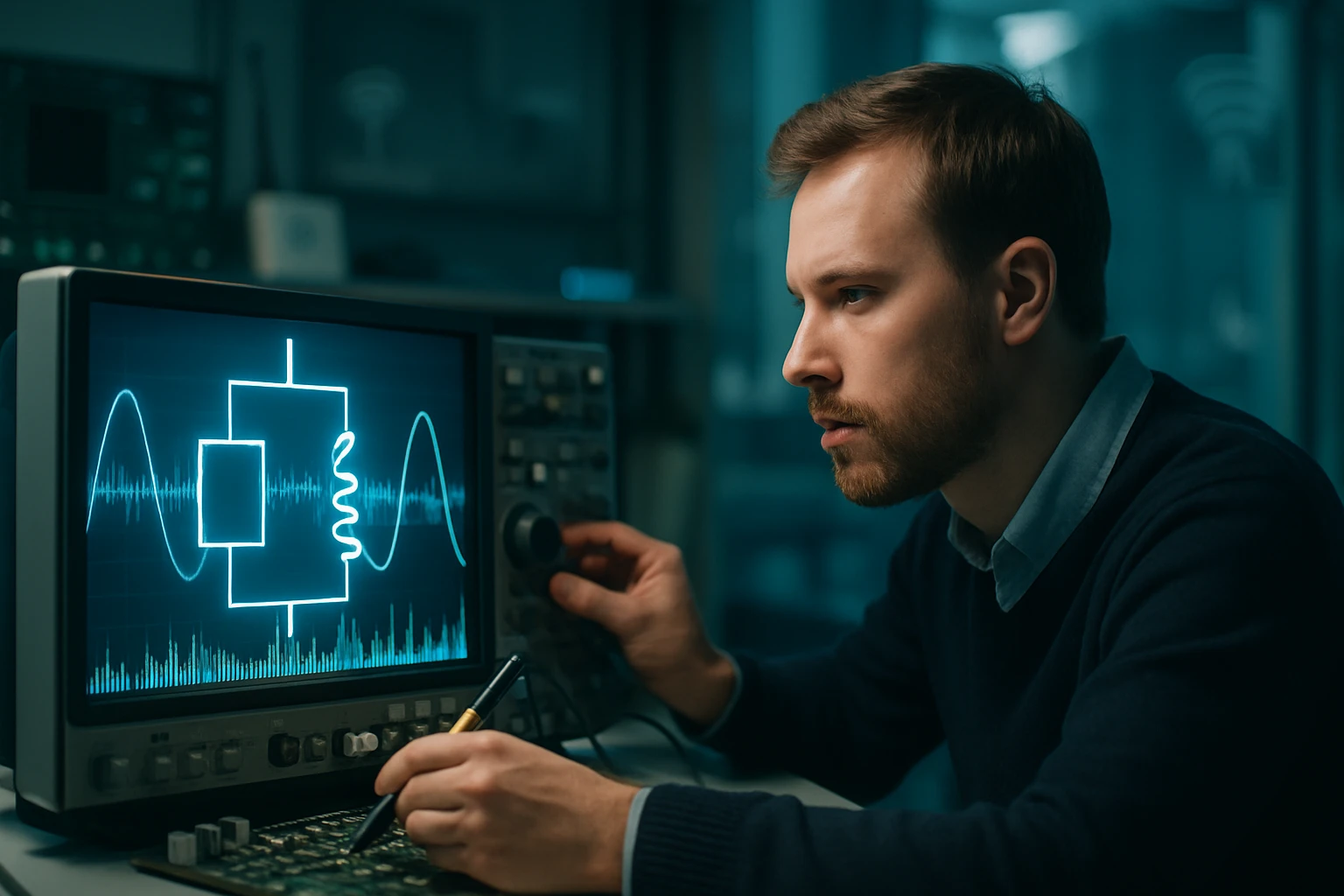 Egy férfi figyelmesen dolgozik egy oszcilloszkóp előtt, amelyen elektromos hullámok láthatók.