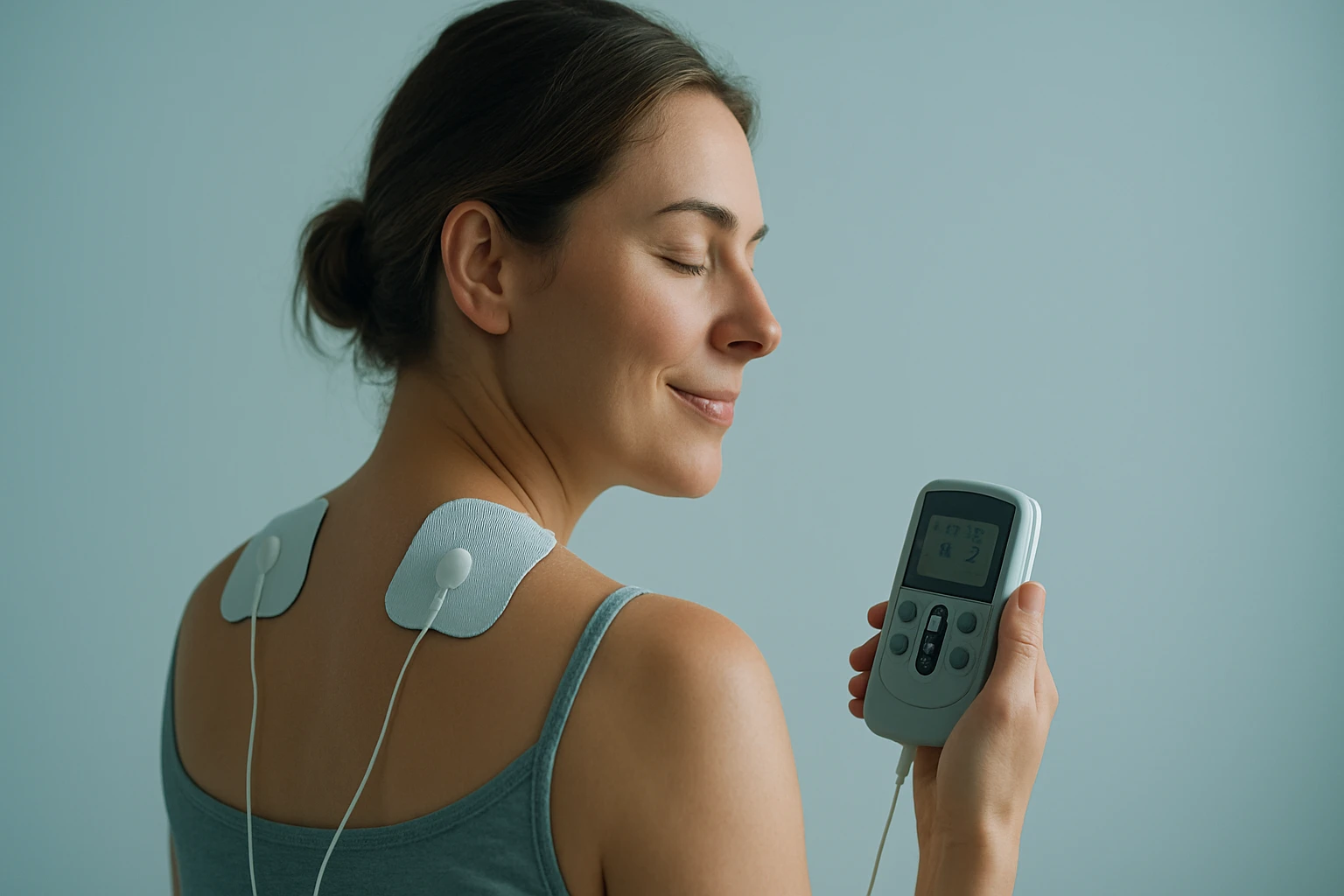 Egy nő relaxál, miközben elektromos izomstimuláló készüléket használ a hátán.